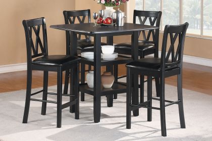 Black Finish 5pc Counter Height Set Dining Counter Height Table with Lower Shelves and 4x Chairs Set Faux Leather Upholstered Kitchen Dining Furn