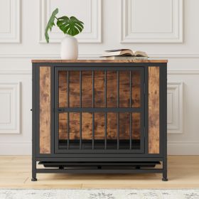 Dog Crate Furniture,  Wooden Dog Crate Table, 27.48" Dog Kennel with 2 Sliding Doors and Thick Iron Door Frame, Decorative Pet Crate House for Sm (Option: Black Brown)